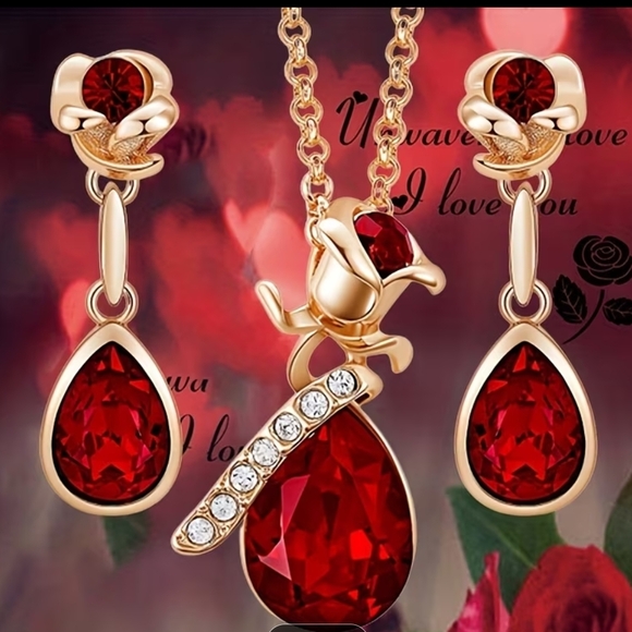 High Tech Jewelry Jewelry - Gold and Red Teardrop Necklace & Earring Set - Elegant Women's Jewelry